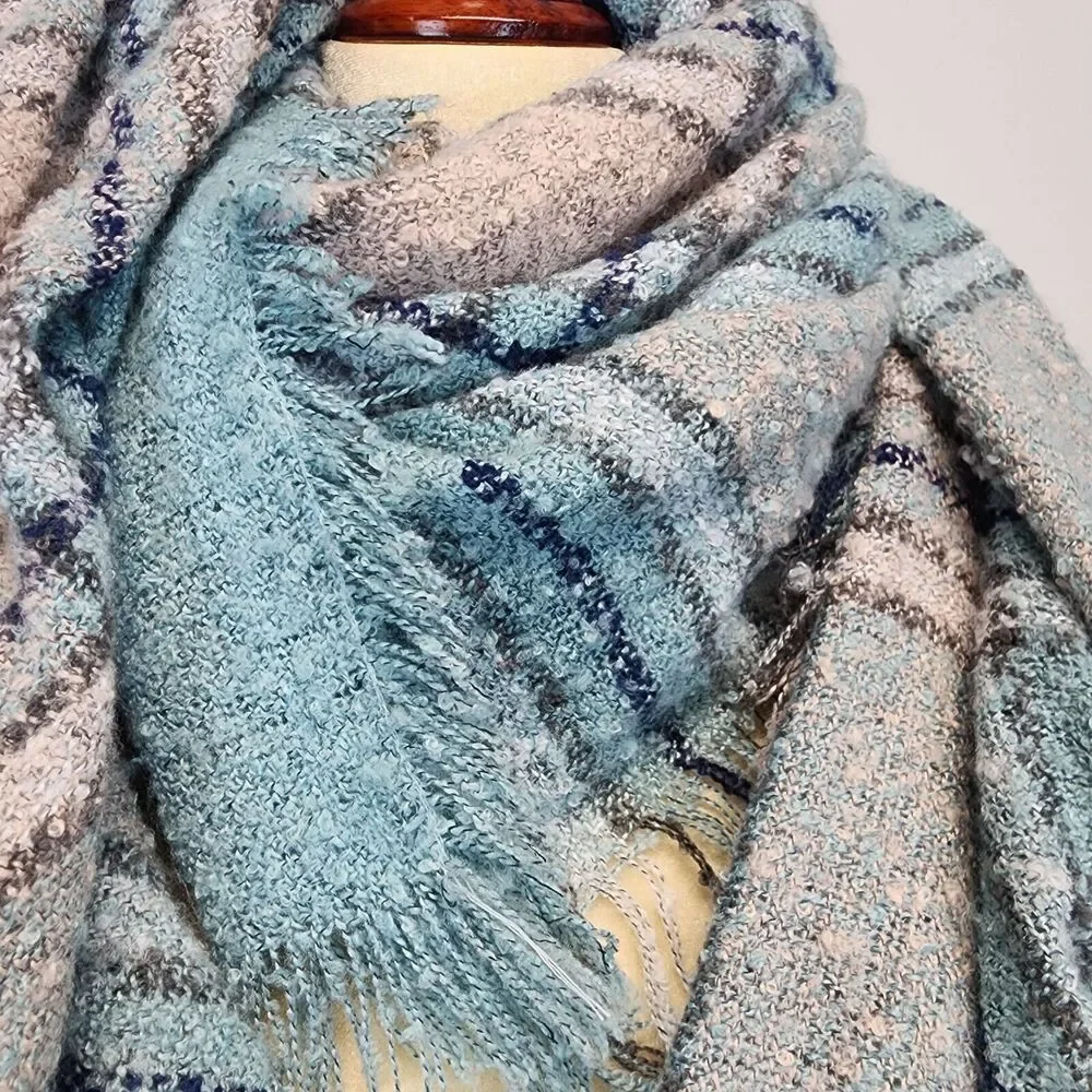 Simply Southern Chunky Knit Plaid Scarf Shawl Wrap Blue Pink Oversized 55x55